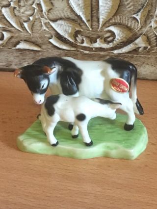 Vintage Cow Figurine Bone China Japan Mother Baby Pair Figure 3 " On Base