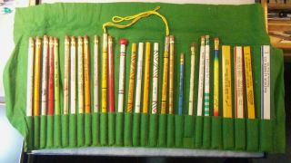 Vintage Salesmans Sample Wooden Pencil Display Velvet Pouch & 28 Pencils