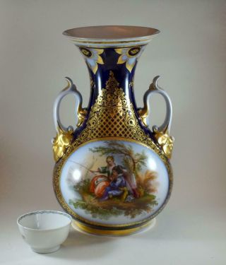 Large Antique German Porcelain Handpainted Twin Handle Vase