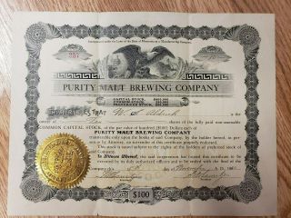 Purity Malt Brewing Company Purity Brewing Stock Certificate 20 Shares,  (mn60)