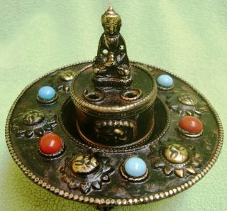Very Rare Brass Metal Agarbatti/incense Stick Stand With Coral & Turquoise 02