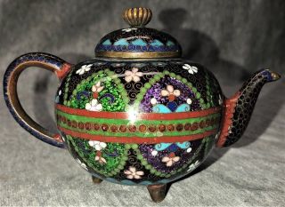 Antique Japanese Miniature Asian Cloisonne Enamel & Goldstone Footed Teapot