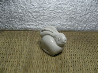 Japanese Netsuke Hirado Pottery White Rabbit Animal Shape Made In Meiji Era
