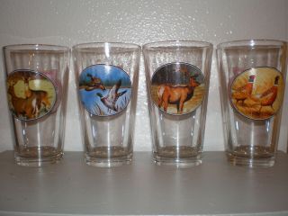 Set Of 4 Miller High Life Friends Of Field Beer Pint Glasses Deer Elk Pheasant,