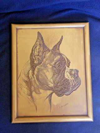 Boxer Dog Picture Wood Etching By E.  H.  Hart (1910 - 1985) Framed Vintage Signed