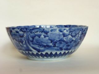 Antique Japanese Large Blue And White Porcelain Fluted Bowl