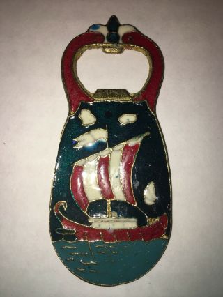 Vintage Bronze Bottle Opener Enameled On Both Sides Ship And Windmill Rare Find