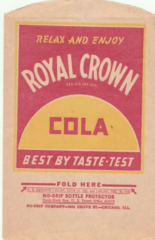 Old Vintage Royal Crown Cola No Drip Bottle Protector Paper