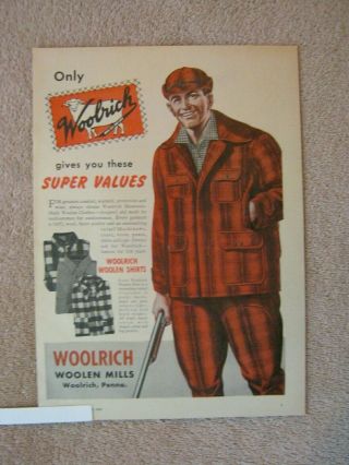 Vintage 1949 Woolrich Red Plaid Wool Mountain - Made Hunting Clothes Print Ad