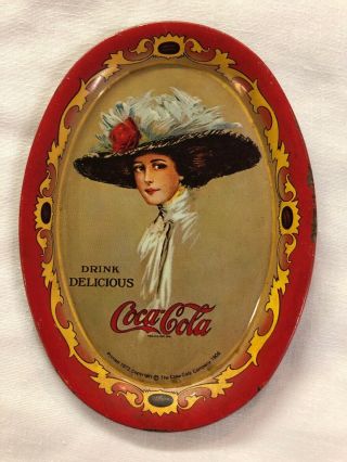 Vintage Small 6 " 1973 Coca Cola Coke Lady Oval Metal Tip Tray