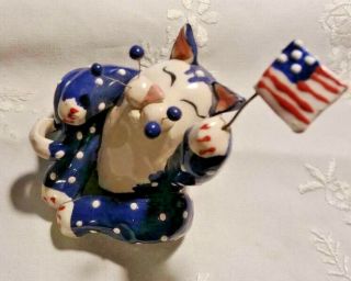 Cat Figurine Whimsical Red White & Blue Flag Amy Lacombe Handmade Signed