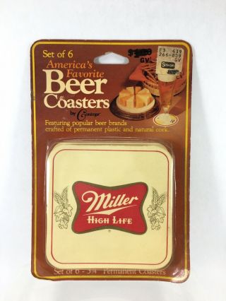 Miller High Life Vintage Beer Coasters.  Set Of 6 Plastic And Natural Cork Nip