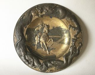 Antique Japanese Meiji Bronze Gilt Plate Charger Samurai Warrior Dragons 10”