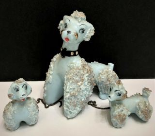 Vintage Light Blue Spaghetti Poodle & Puppies Family Of 3 Ceramic Figurines
