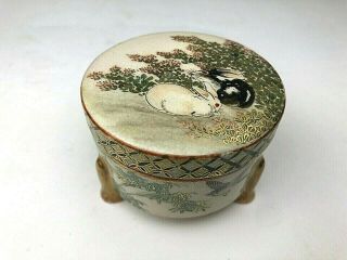 A Lovely Japanese Satsuma Miniature Covered Box With Rabbits