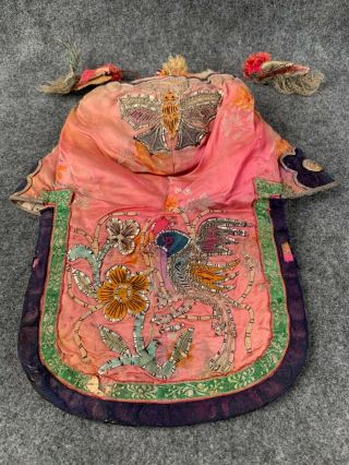 Antique 19th Century Chinese Silk Embroidered Butterfly And Bird Child 