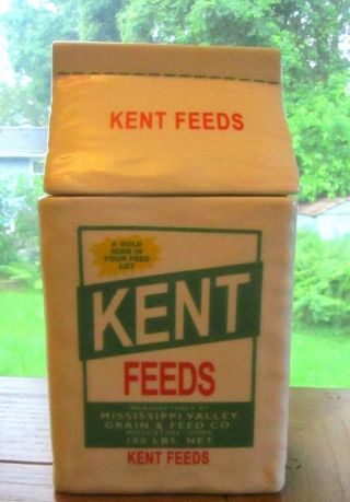 Kent Feeds Advertising Cookie Jar Muscatine Iowa 10x5x4 " Feed Sack Shape