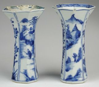 Pair Antique 18thc Chinese Qing Kangxi Export Octagonal Garniture Spill Vases