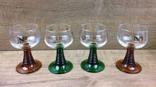 4 X Vintage Beehive Stem Decorated Wine / Hock Glasses - 113mm Tall Amber & Green