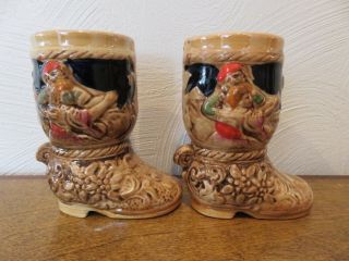 2 Vintage German Style Stein Ceramic Shoe Boots Planter - 4 1/2 