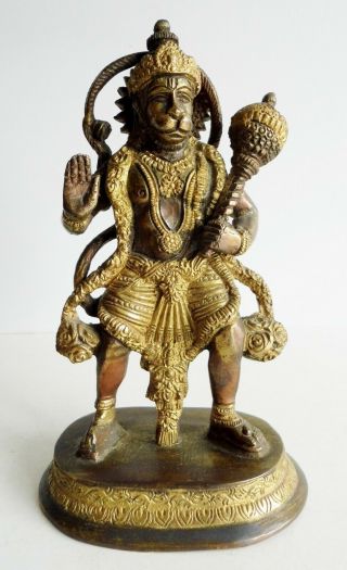 Wonderful Old Indian Gilt Bronze Statue Of The Hindu Diety Hanuman - Very Rare