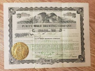 Purity Malt Brewing Company Purity Brewing Stock Certificate 20 Shares,  (mn53)