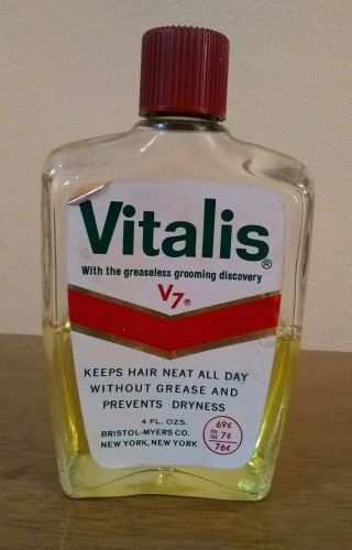 Vintage Glass Vitalis V7 Hair Groom 4 Oz.  Bottle With Price Label Rare