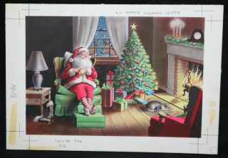 Santa Napping By Tree W Reindeer Christmas Greeting Card Painted Art