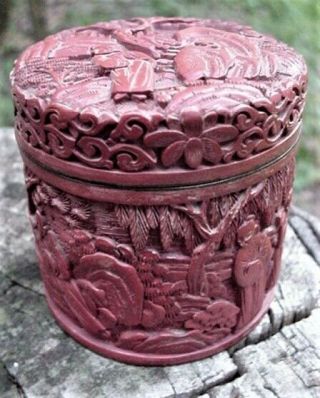 Antique Chinese Carved Red Cinnabar Lacquer Covered Box Jar Asian Oriental Old