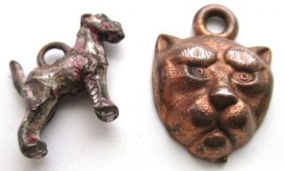 Rare 1920’s Copper Clad Cracker Jack Prizes Terrier Dog Cat Head Gumball Charms