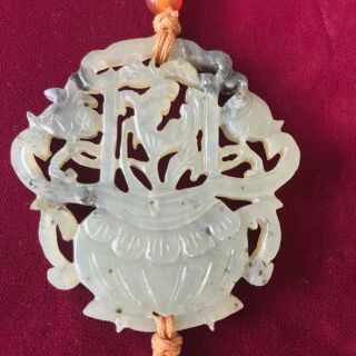Antique Chinese Translucent White Jade Flower Basket Amulet Estate Item