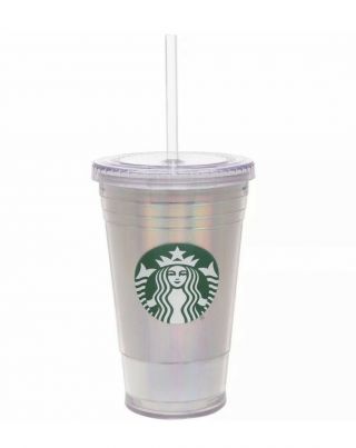 Starbucks Grande Iridescent Double Walled Acrylic Cold Cup Tumbler With Straw