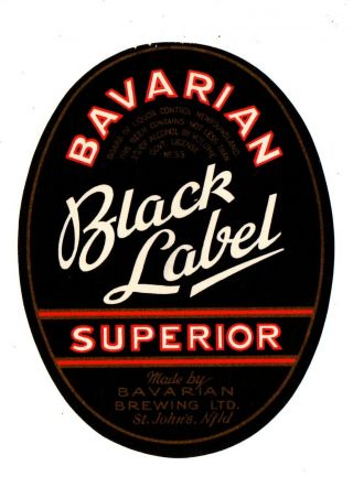 1930s Bavarian Brewing Co,  St Johns,  Newfoundland,  Canada Black Label Beer Label