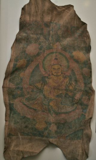 Rare Antique Tibetan Painting On Animal Skin Featuring A Guardian Deity
