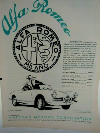 1960 Alfa Romeo Milano Hoffman Motors Corporation Print Ad 8.  5 X 11 "