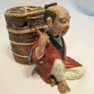 Antique Japanese Signed Nodding Figurine With Lidded Pot/ Basket.  Banko Ware?