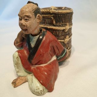 Antique Japanese Signed Nodding Figurine with Lidded Pot/ Basket.  Banko ware? 2