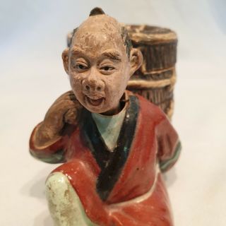 Antique Japanese Signed Nodding Figurine with Lidded Pot/ Basket.  Banko ware? 3