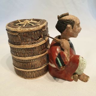 Antique Japanese Signed Nodding Figurine with Lidded Pot/ Basket.  Banko ware? 4