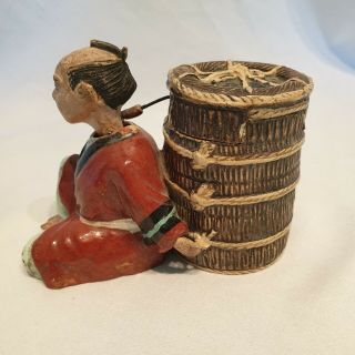 Antique Japanese Signed Nodding Figurine with Lidded Pot/ Basket.  Banko ware? 6