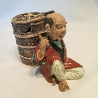 Antique Japanese Signed Nodding Figurine with Lidded Pot/ Basket.  Banko ware? 7