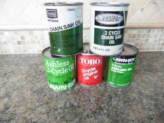 5 Vintage Nos Full 8 Oz.  Lawn Boy Sears Toro Cotter 2 Cycle Oil Cans Chainsaw