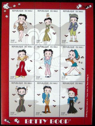 1999 Mnh Mali Betty Boop Stamps Sheet Betty In Different Outfits Comic Cartoon