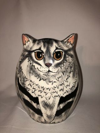 Cats By Nina Lyman Black Gray And White Tabby Cat 7 Inch Vase