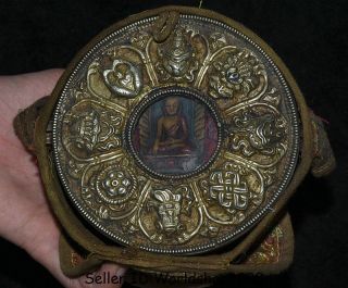 4.  8 " Old Tibet Cloth Silver Shakyamuni Buddha 8 Auspicious Symbol Ghau Shrine Box