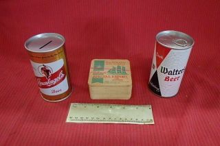 Two Beer Can Banks Leinenkugel ' s and Walter ' s Beer & Special Export Coasters 2
