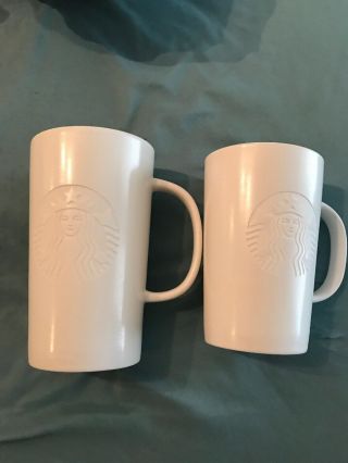 Rare 16/12 Oz Mug Set Starbucks White Embossed Siren Pair