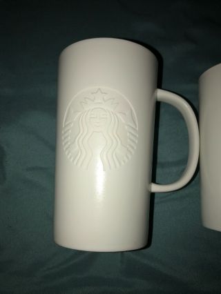 RARE 16/12 Oz Mug Set Starbucks White Embossed Siren Pair 2