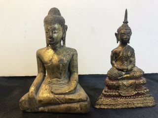 2 Antique Asian Buddha’s Wood And Bronze