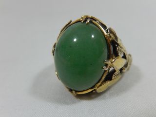 Antique Chinese Export Large Green Jade Sterling Silver Vermeil Etched Adj.  Ring